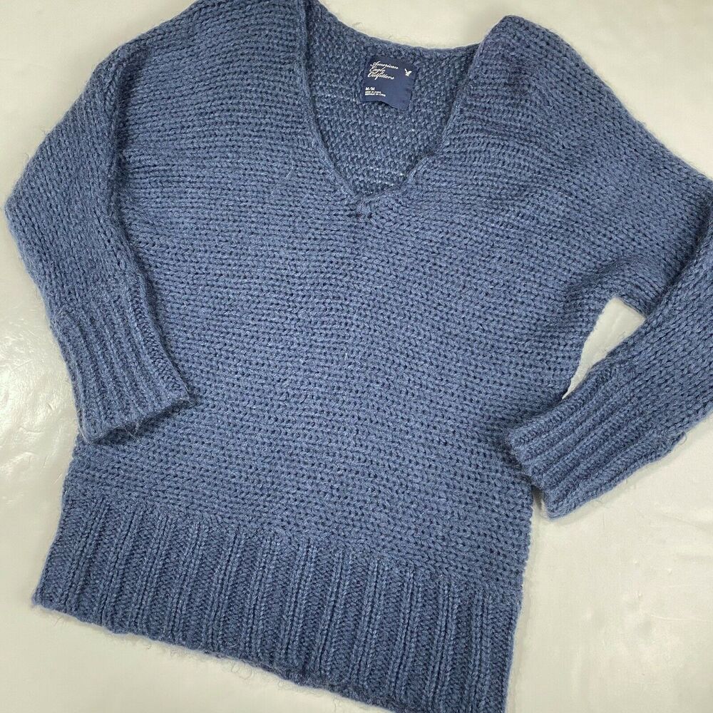 American Eagle Sweater Blue Knit Sz Medium Wool Mohair Blend V-Neck Long Sleeve